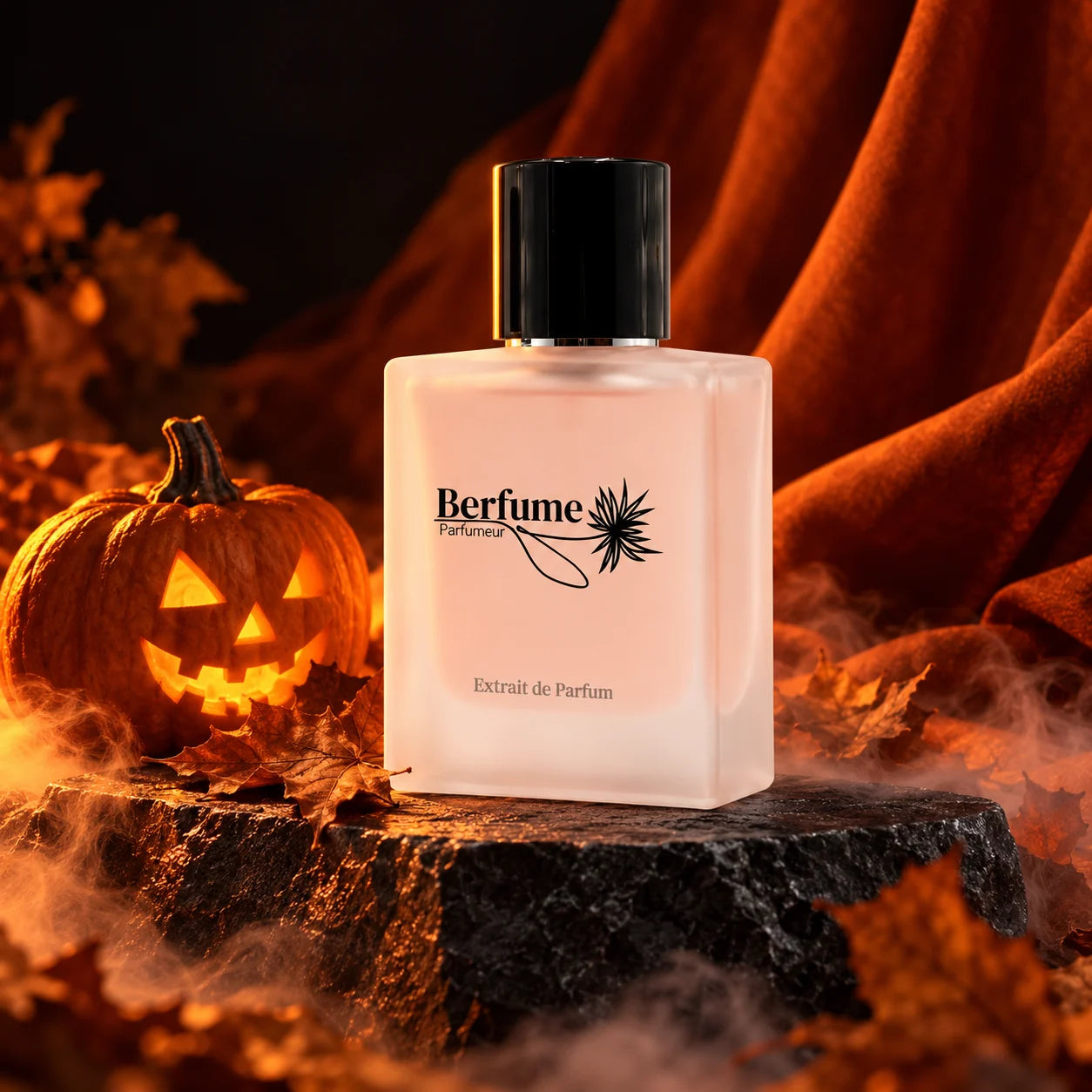 Een roze Berfume-flacon naast een verlichte Halloween-pompoen in oranje licht
