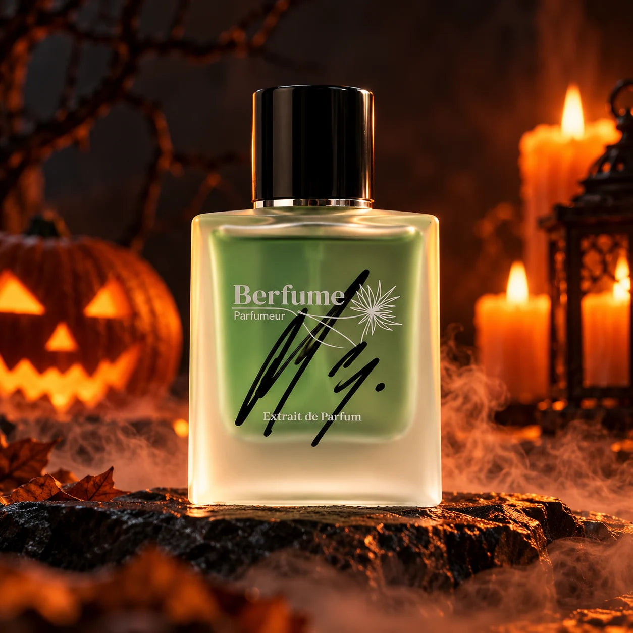 Groene Berfume × Lukaku-flacon in Halloween-sfeer
